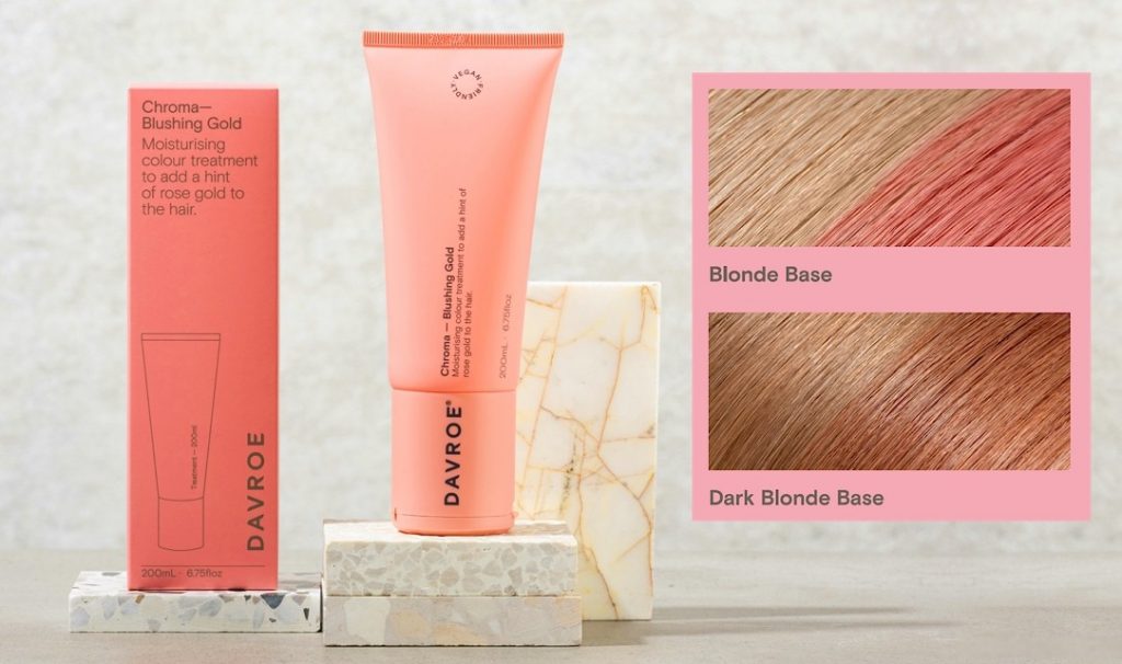 DAVROE Blushing Gold Chroma will tint light blonde hair types to leave a subtle pink hue. Improves hair strength, while adding moisture, leaving hair nourished and revitalised.