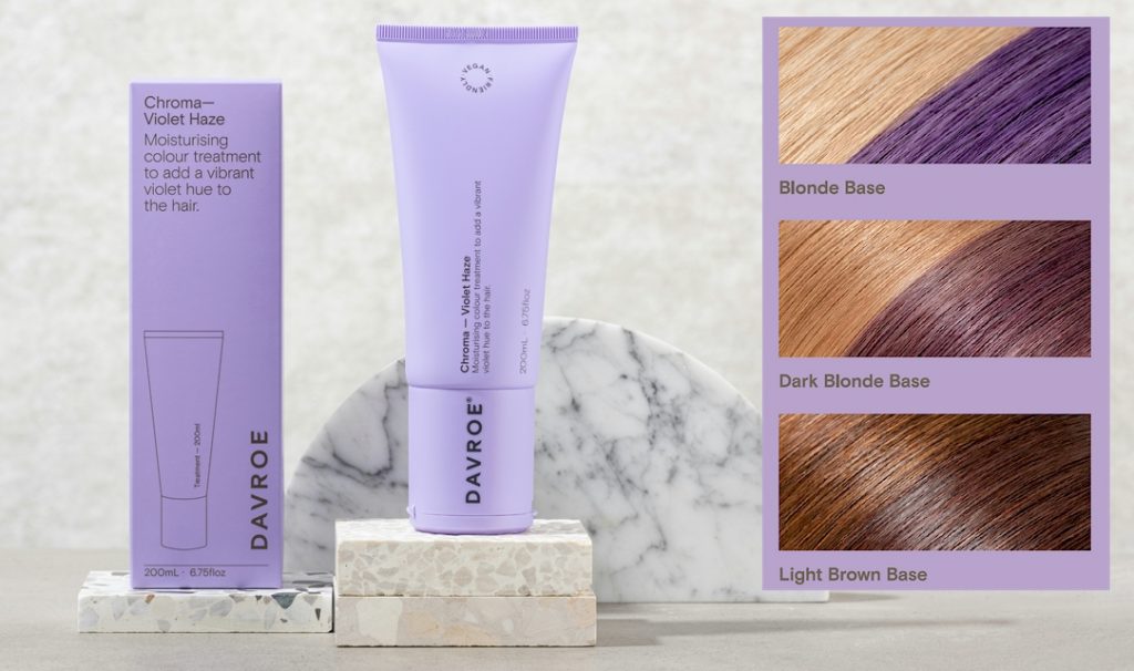 DAVROE Violet Haze Chroma will add a deep violet hue to light to dark brown hair, and a vibrant violet hue for light to dark blonde hair. Improves hair strength, while adding moisture, leaving hair nourished and revitalised.
