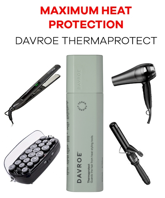 And don’t forget to use a good heat protector like DAVROE Thermaprotect. DAVROE Thermaprotec Protects hair against heat up to 230 degrees Prevents hair from splitting Helps retain moisture in the hair and Can also be used as a light setting lotion